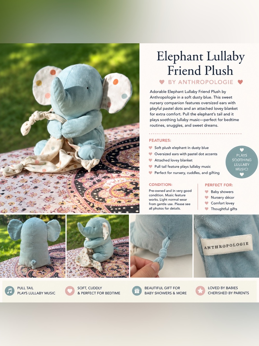 Elephant Lullaby Friend Plush Musical Lovey Blue Nursery Stuffed Animal Baby Toy